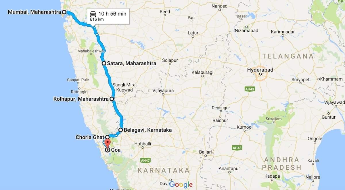 Bombaja do goa cestnú mapu
